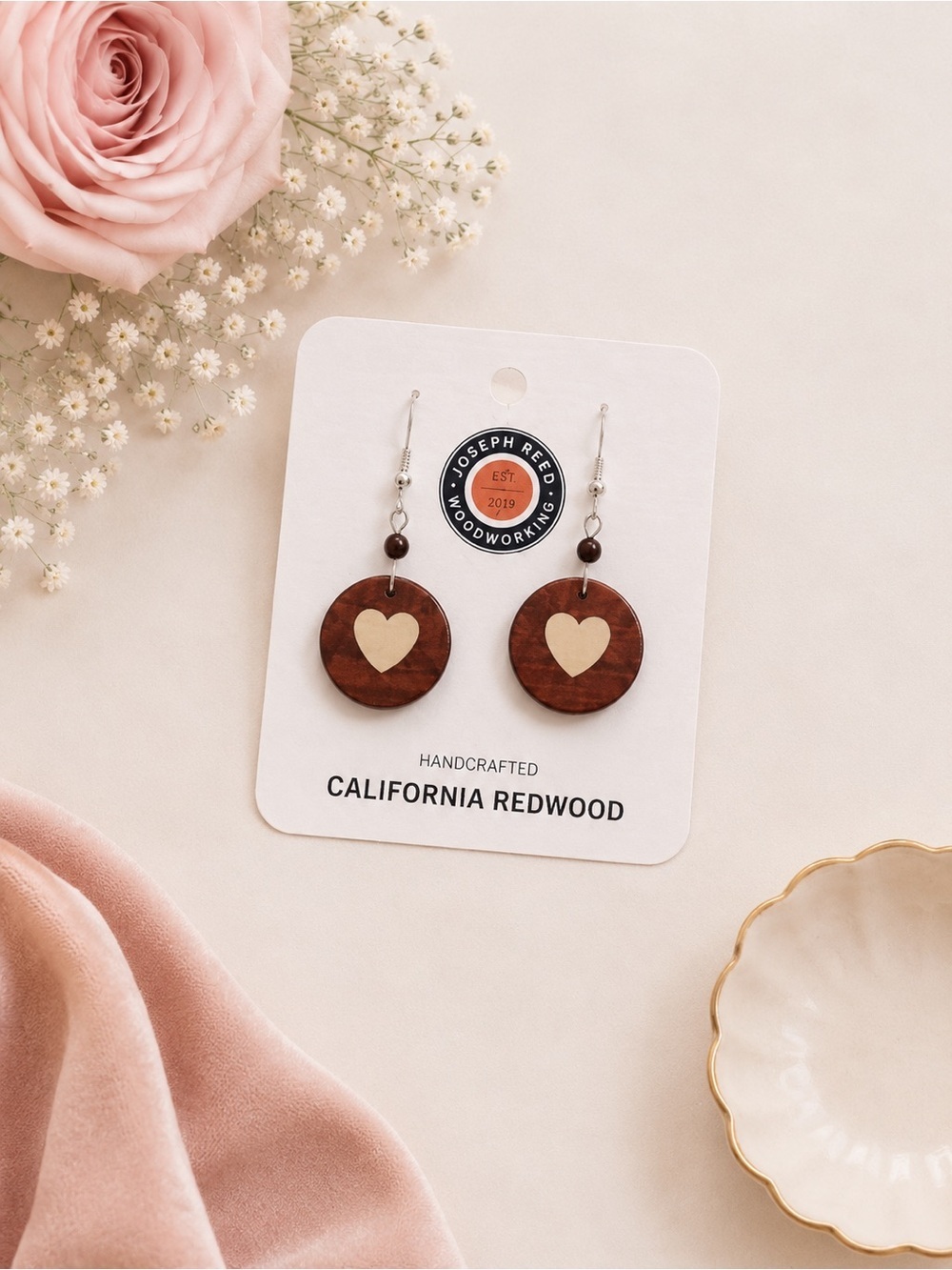 Joseph Reed California Redwood Heart Drop Earrings - Brown & Cream